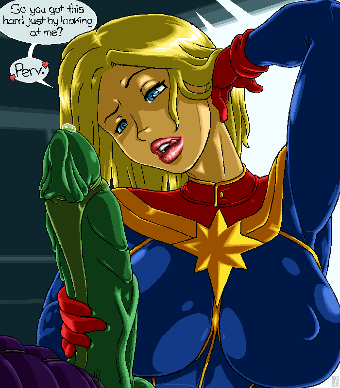 1boy arms_up big_breasts big_penis blonde_hair blue_eyes bodysuit breasts busty captain_marvel carol_danvers english_text eyelashes faceless_male female female_focus glans green_skin huge_cock imminent_oral large_breasts lipstick long_hair male marvel marvel_comics mindsedge penis penis_grab skrull tagme text