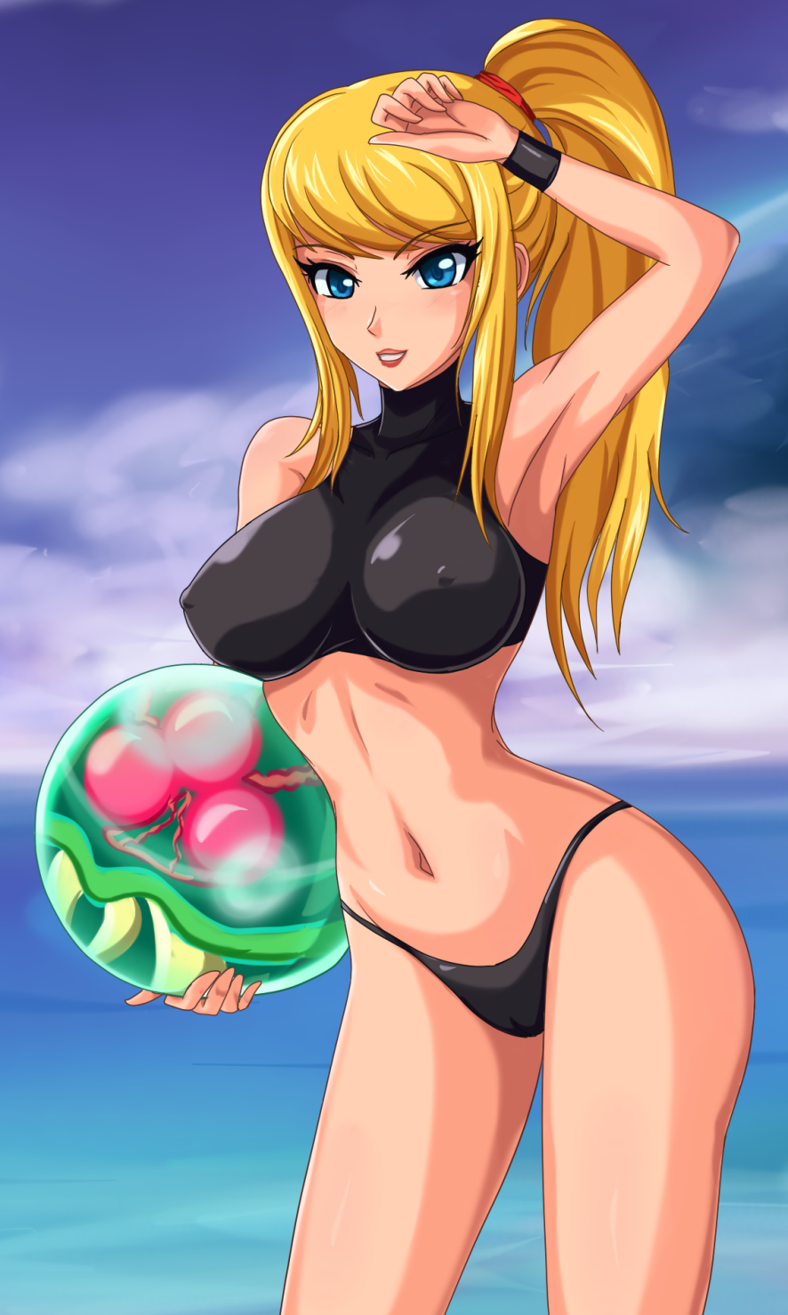 alien arm_up armpits ball bangs belly big_breasts bikini blonde_hair blue_eyes blush breasts cloud erect_nipples eyes female female_only hair highres holding impossible_clothes lipstick long_hair looking_at_viewer makeup metroid metroid_(creature) midriff navel nintendo objectification ocean outdoors outside ponytail samus_aran scrunchie sigurd_hosenfeld sigurdhosenfeld skin_tight sky smile sports_bikini standing swept_bangs swimsuit thong toned turtleneck water wristband