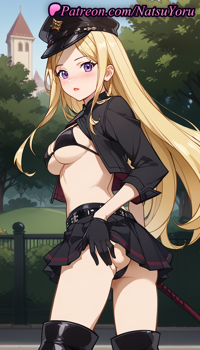 1girls ai_generated anime anime_style ass ass_grab belt bikini bikini_top_only bishamon bishamon_(noragami) black_bikini black_bra black_footwear black_gloves black_headwear black_jacket black_panties black_skirt black_thighhighs blonde_hair blush boots breasts bust busty clothes_lift cowboy_shot cropped_jacket day female female_focus female_only from_behind gloves grabbing_own_ass half_gloves hand_on_own_ass hat hentai holding jacket juicy_butt large_breasts lipstick long_hair long_sleeves looking_at_viewer looking_back makeup medium_breasts microskirt miniskirt natsuyoru noragami open_clothes open_jacket open_mouth oshiri outdoors panties parted_lips peaked_cap pleated_skirt purple_eyes riding_crop shrug_(clothing) skirt skirt_lift solo solo_female standing swimsuit thigh_boots thighhighs thighs tree twisted_torso underboob underwear very_long_hair voluptuous voluptuous_female whip