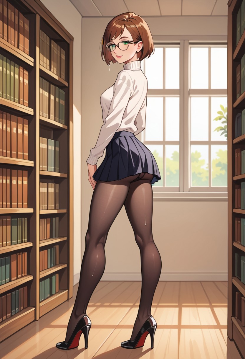 1girls ai_generated brown_hair glasses high_heels jokerofhearts library pantyhose pleated_skirt skirt solo turtleneck