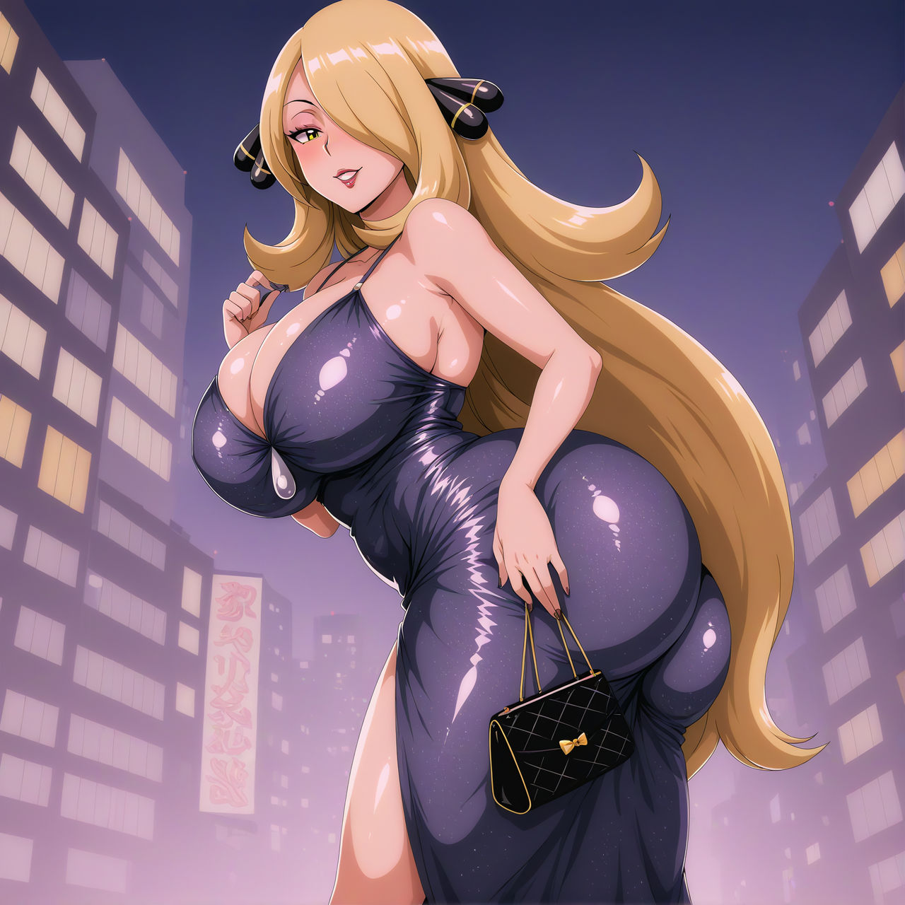 ai_generated big_ass big_breasts blonde_hair blush building busty city cleavage creatures_(company) curvy cynthia_(pokemon) dress female female female_only from_side game_freak hair_ornament hi_res highres holding_purse long_hair looking_at_viewer nighttime nintendo pokemon pokemon_(game) pokemon_dppt pokemon_trainer purse satin satin_dress seraphim_ai shiny_dress smile solo stable_diffusion thick_thighs