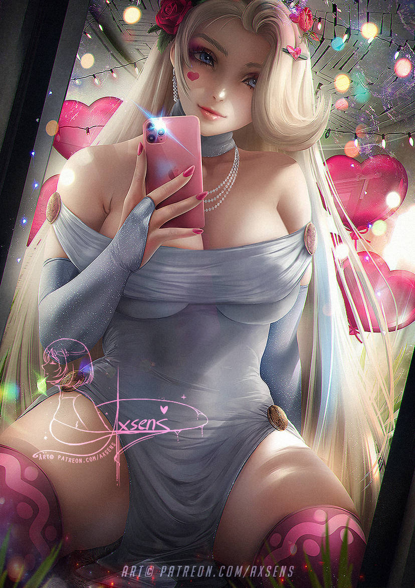 1girls axsens blonde_hair blue_eyes breasts bridal_gauntlets choker dress earrings hair_flower hair_ornament holding_phone large_breasts long_hair melony_(pokemon) milf mirror_selfie necklace nintendo painted_fingernails phone pokemon pokemon_ss selfie white_dress