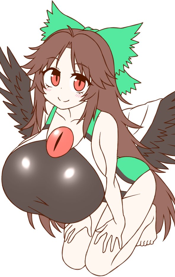 1girls big_breasts black_wings breasts brown_hair cape clothed clothed_female color colored crow_girl crow_wings female female_only large_breasts light-skinned_female light_skin no_background onkn_sxkn red_eyes ribbon ribbon_in_hair solo solo_female swimsuit third_eye touhou utsuho_reiuji wings yokai youkai