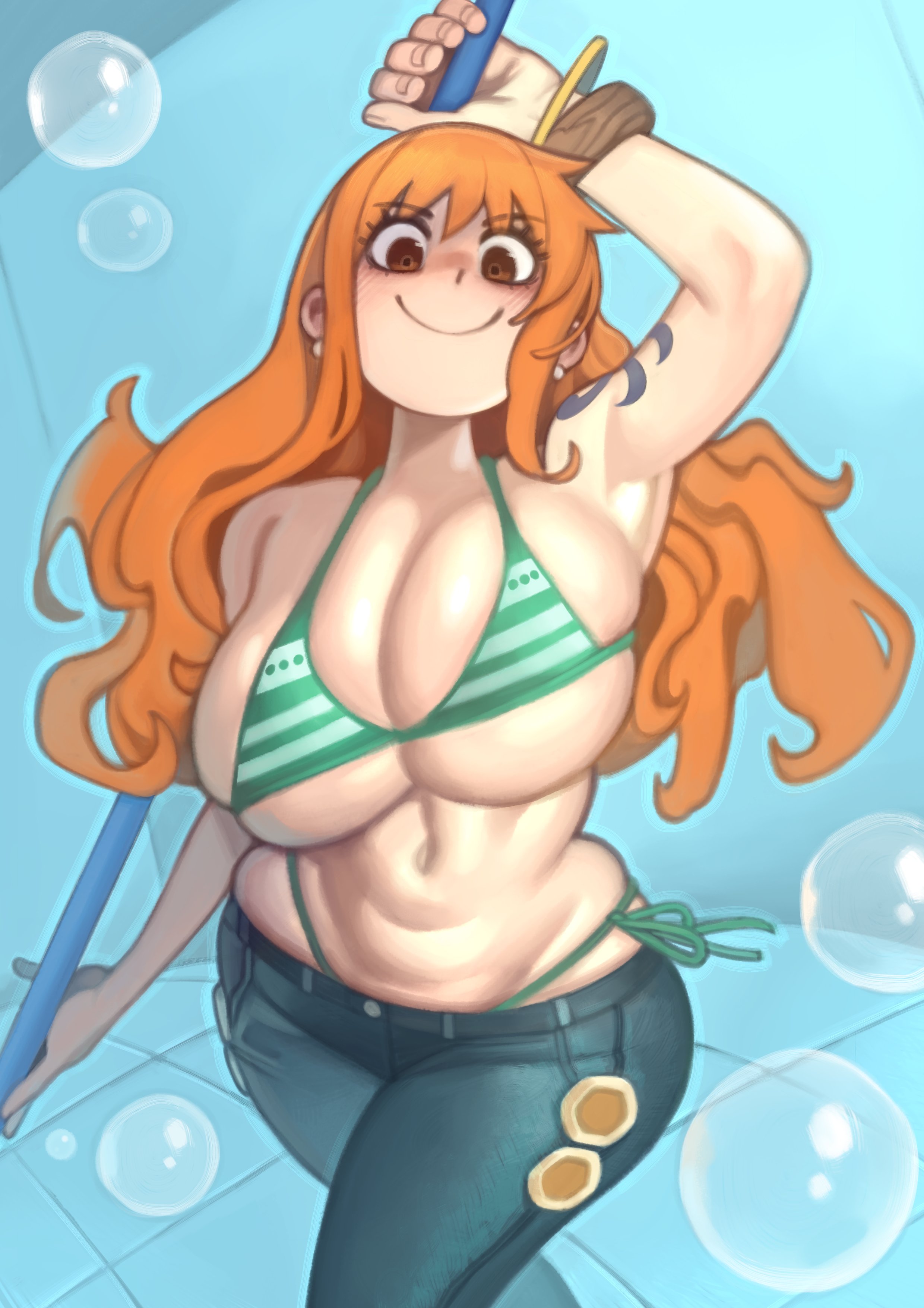 1girls, arm tattoos, bikini, bikini top, blue tattoo, breasts, clima-tact, clothing, curvy, curvy figure, female, female focus, female only, hi res, huge breasts, jeans, kelvin hiu, nami (one piece), one piece, orange hair, orange-haired female, portrait, post-timeskip, solo, standing, striped bikini, swimsuit, tattoo, thong, thong straps, wide hips