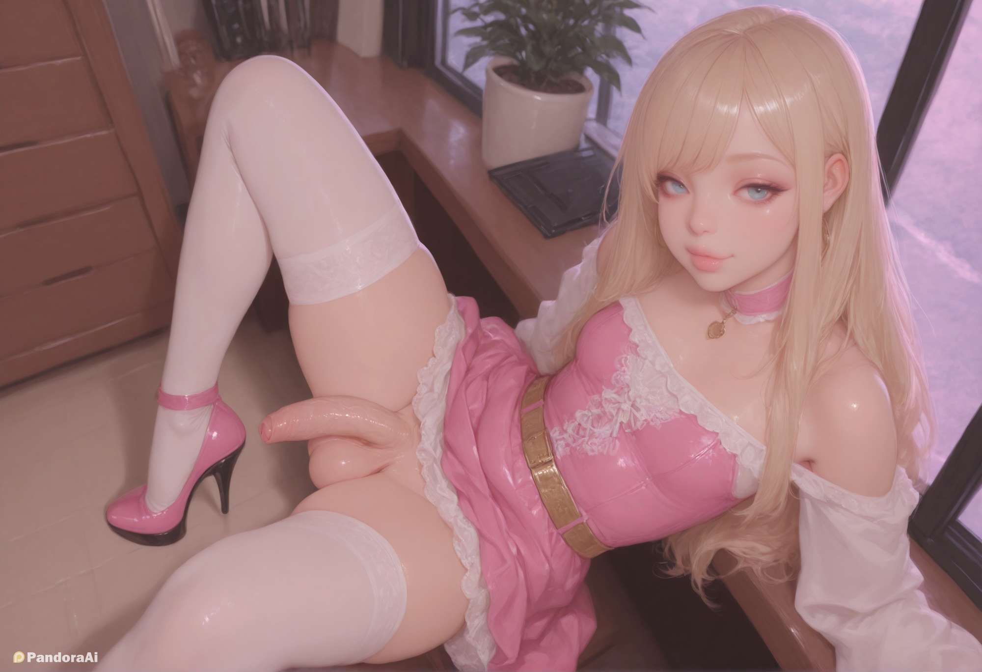 absurd res, ai generated, artist name, artist upload, belt, blonde hair, blue eyes, breasts, choker, closed mouth, crossdressing, dress, femboy, femboy focus, feminine male, flaccid, foreskin, gay, half-erect, hi res, high heels, indoors, lips, long hair, looking at viewer, medium breasts, more at source, no panties, off shoulder, off-shoulder dress, pandora, patreon, patreon username, penis, pink choker, pink dress, pink footwear, self upload, sitting, small breasts, smile, solo, testicles, thighhighs, transgender, uncensored, watermark, white thighhighs, window, windowsill