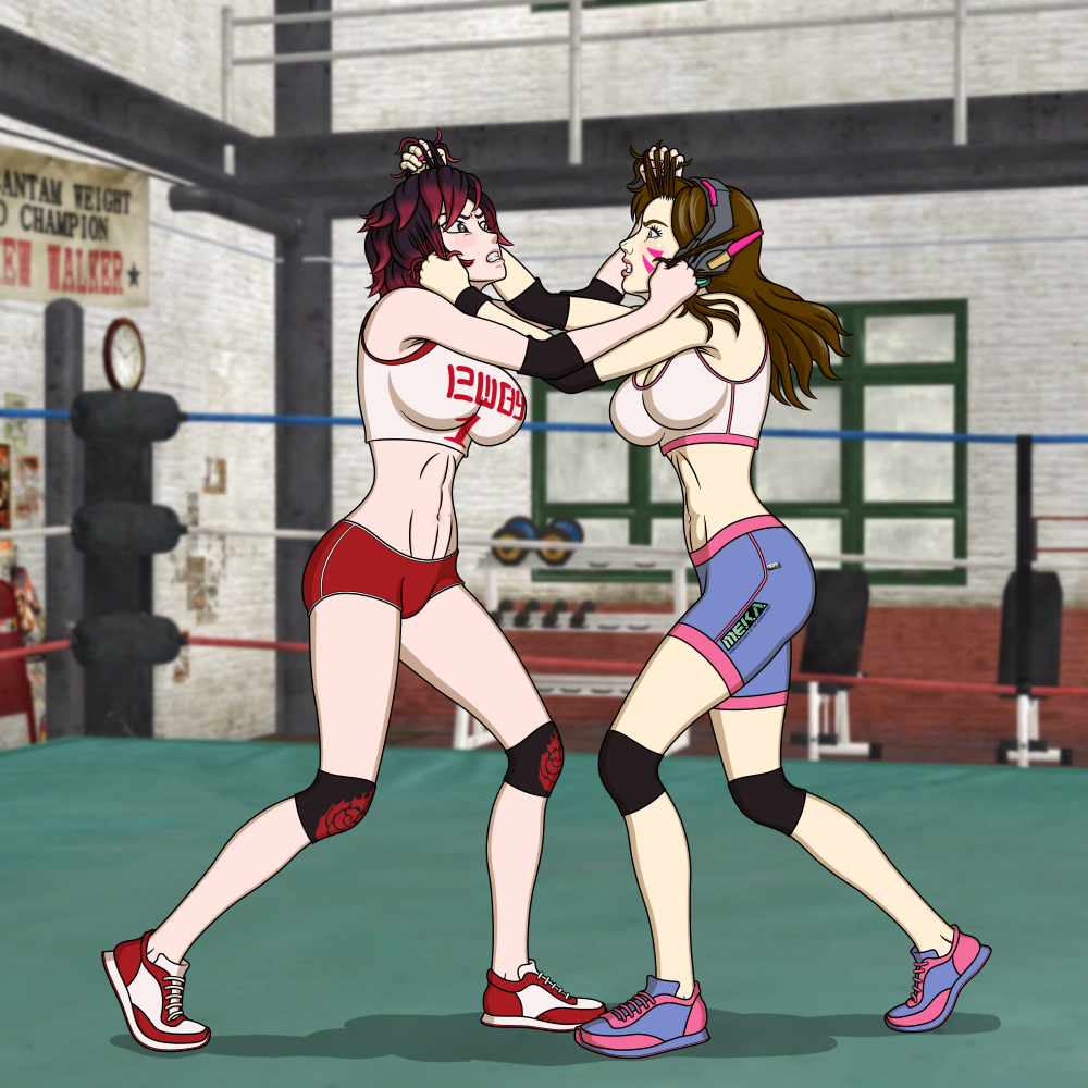 2girls angry angry_face catfight d.va evanime gym hair_pull hair_pulling overwatch overwatch_2 ruby_rose rwby sports_bra sports_shorts sportswear staredown wrestling wrestling_ring