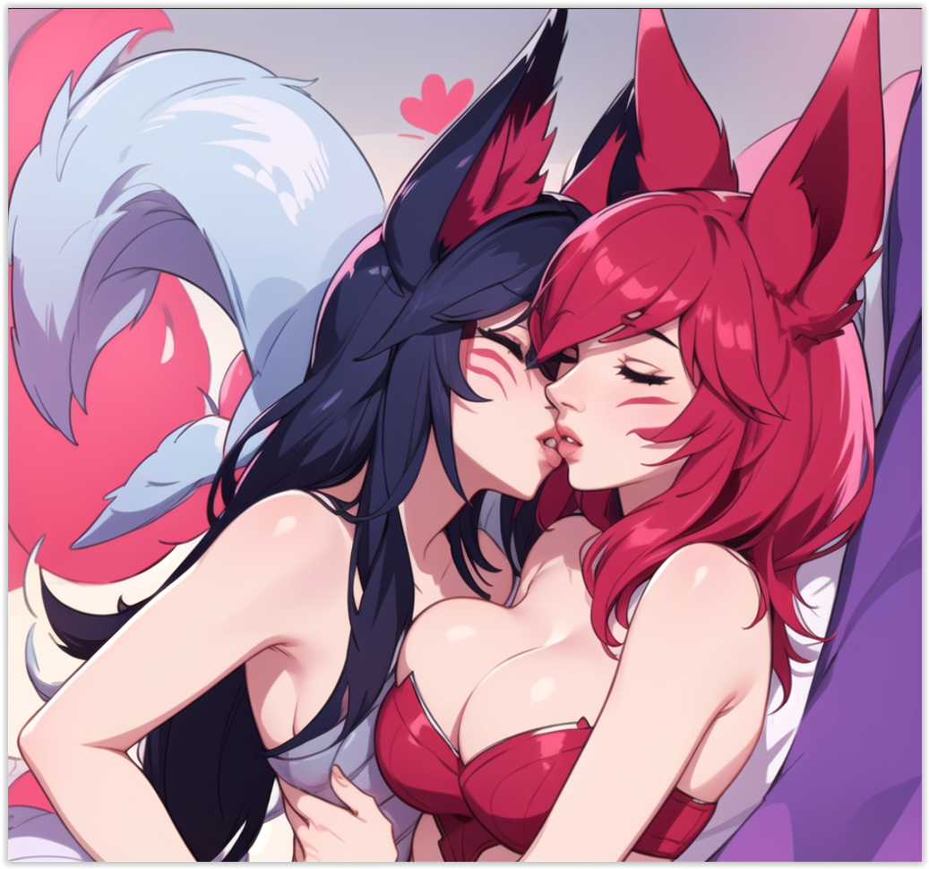 2females 2girls 2women ahri ai_generated girl_on_girl league_of_legends lesbian_couple lesbian_kiss lesbian_sex love lovers riot_games vastaya xayah yuri