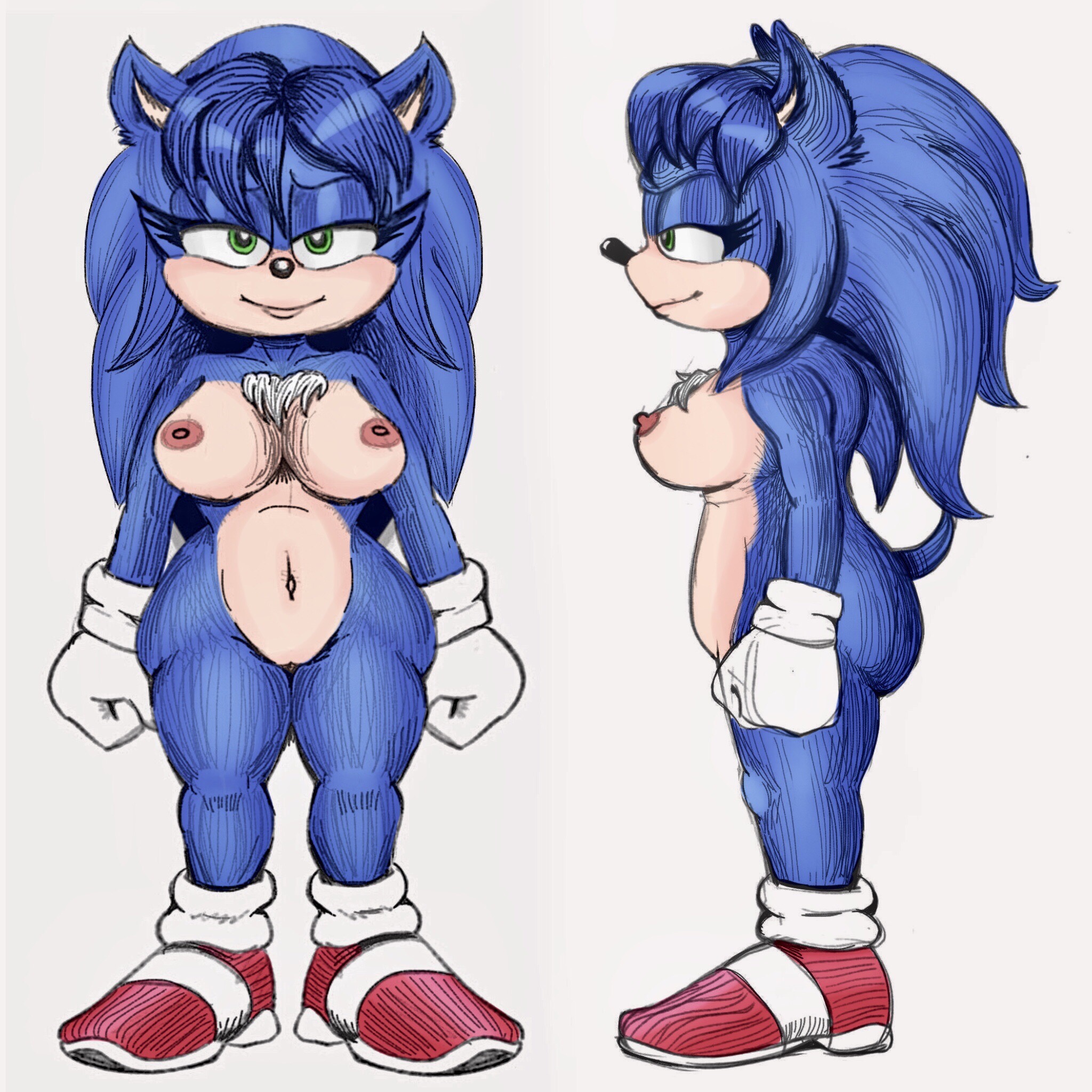 1girls, breasts, casual, exposed torso, female, female only, footwear, furry, genderswap, green eyes, handwear, looking at viewer, model sheet, naked footwear, nipples, nude, rule 63, simple background, solo, sonic (series), sonic the hedgehog, sonic the hedgehog (film), sonic the hedgehog (series), sonique the hedgehog, thick thighs