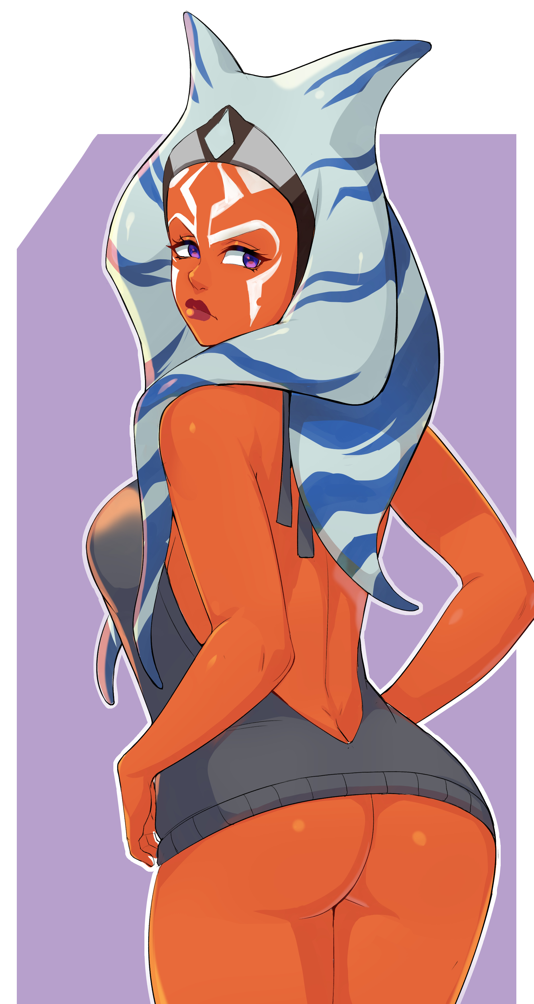 1girls, absurd res, ahsoka tano, alien, alien girl, alien humanoid, alternate costume, ass, ass cleavage, ass crack, back, background, backless outfit, bare ass, bare back, bottomless, breasts, butt crack, clothed breasts, clothing, eyes, facial markings, facial tattoo, female, female only, greenmarine, headband, headgear, hi res, horn, humanoid, lekku, lips, lipstick, looking back, markings, mature, mature female, medium breasts, naked sweater, no bra, no panties, open eyes, orange body, partially clothed, purple background, purple eyes, rear view, red lipstick, sad, sideboob, simple background, solo, standing, star wars, star wars rebels, sweater, tattoo, tentacle, tentacle hair, togruta, virgin killer sweater, white markings