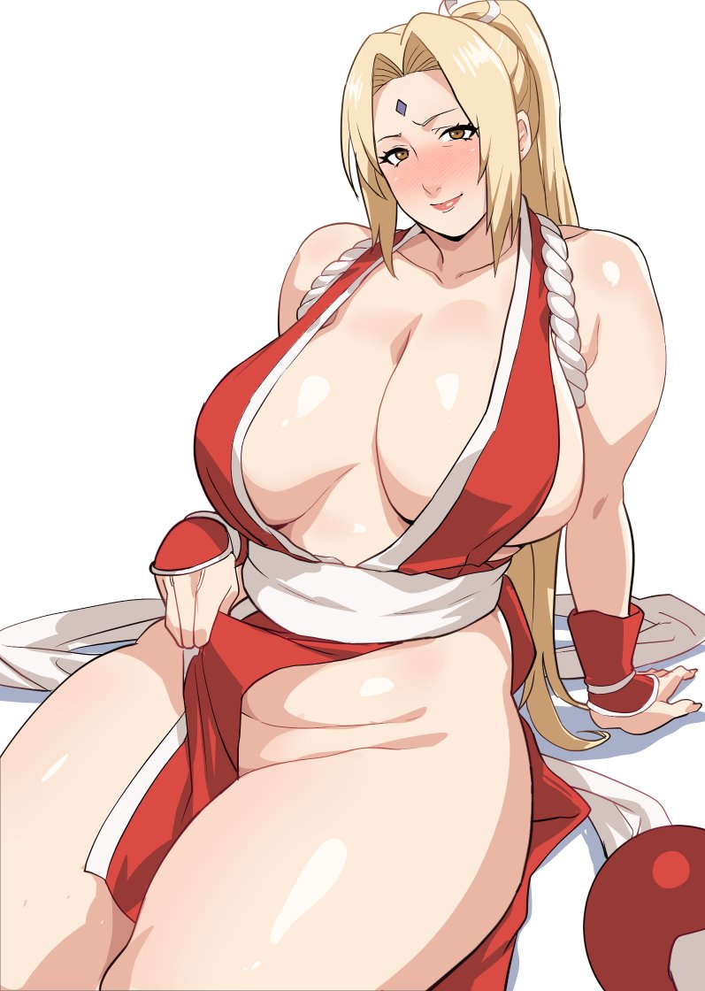 1girls blonde_hair blush breasts breasts_apart brown_eyes clothes_lift cosplay costume dress facial_mark female forehead_mark hair_ribbon huge_breasts japanese_clothes king_of_fighters kisuu kunoichi lips long_hair mai_shiranui_(cosplay) mature_female naruto naruto_(series) no_panties obi pelvic_curtain pelvic_curtain_lift ponytail red_dress ribbon rope sash sitting solo thick_thighs thighs tsunade voluptuous white_background