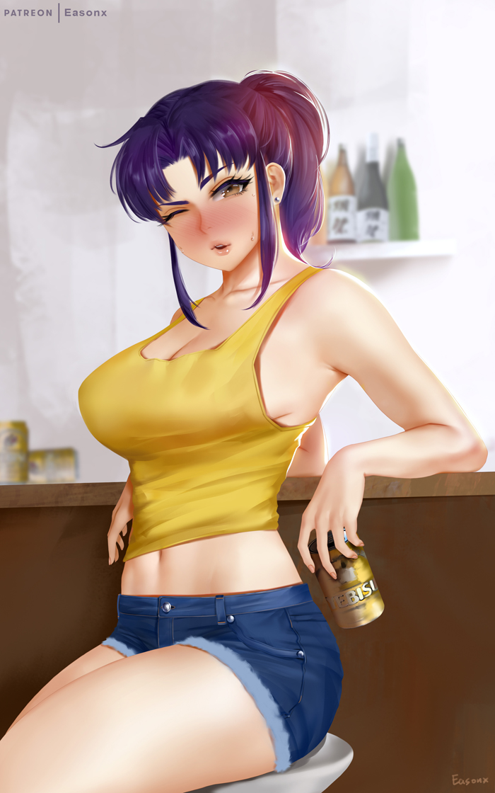 1girls, alcohol, beer, beer can, big breasts, blush, breasts, cleavage, clothing, drunk, easonx, female, female only, fully clothed, large breasts, looking at viewer, midriff, misato katsuragi, navel, neon genesis evangelion, purple hair, short shorts, shorts, solo, tank top, yebisu