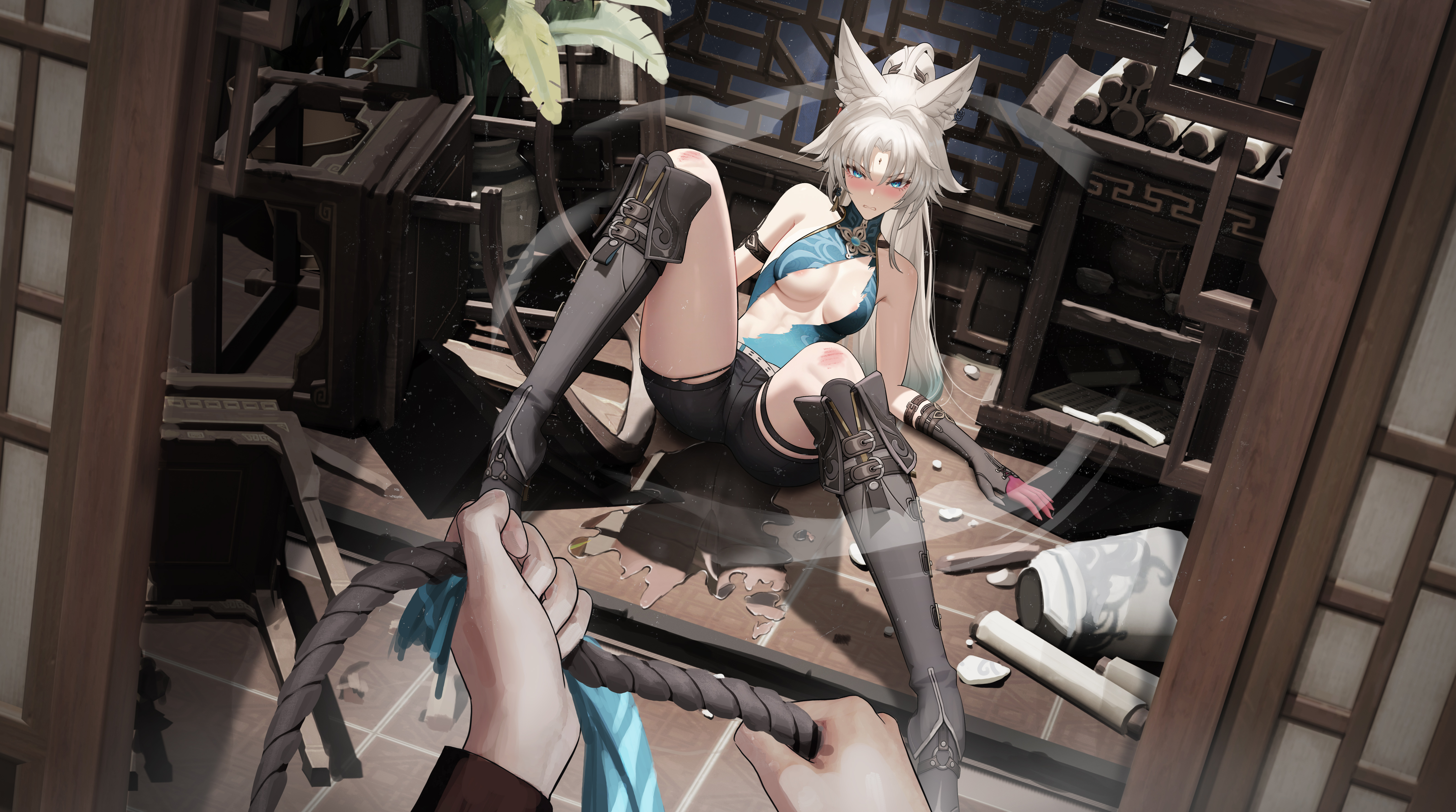 areolae, bruised, defeated, defeated heroine, feixiao (honkai: star rail), female, heroine in trouble, honkai: star rail, imminent rape, kemonomimi, raidriar 18, torn clothing