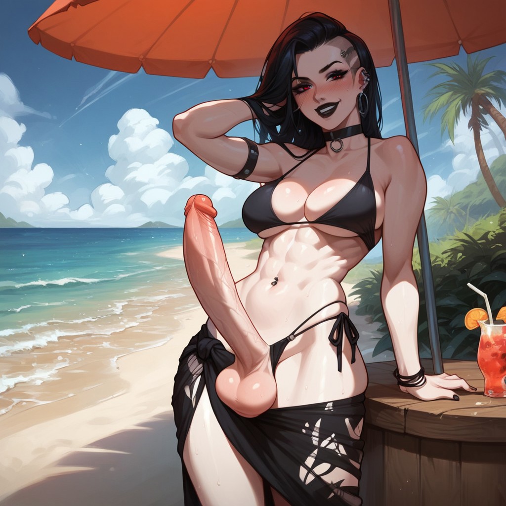 ai_generated athletic beach big_breasts big_penis bikini black_lipstick blush choker futa_only futanari goth_futa goth_girl hourglass_figure looking_at_viewer outdoors seductive_look seductive_smile solo