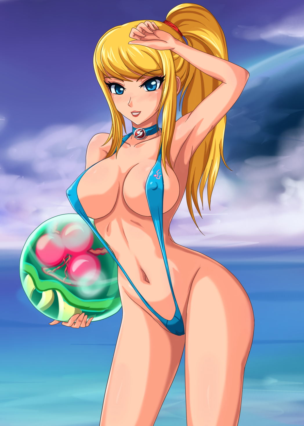 alien areolae arm_up armpits bangs big_breasts bikini blonde_hair blue_eyes blush breasts cameltoe choker cleavage cloud curvy erect_nipples eyes female female_only high_res highres holding lipstick long_hair looking_at_viewer makeup metroid metroid_(creature) navel nintendo ocean one-piece_swimsuit outside ponytail samus_aran scrunchie sigurd_hosenfeld sigurdhosenfeld sky sling_bikini smile solo standing strap_gap swept_bangs swimsuit toned water