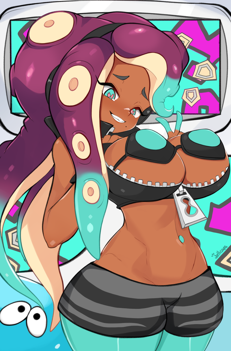 1girls 2022 alternate_breast_size alternate_version_available asymmetrical_hair beauty_mark belly_button_piercing breasts breasts_out brown_skin crop_top cropped_jacket dark-skinned_female dark_skin erect_nipples female female_only green_eyes hips huge_breasts jellcaps leggings long_hair marina_(splatoon) mole_under_mouth nintendo nipples octoling peace_sign slim_waist smile solo splatoon splatoon_(series) splatoon_2 tentacle_hair thick_thighs thighhighs thighs two_tone_hair unusual_pupils unzipped_jacket vagina wide_hips