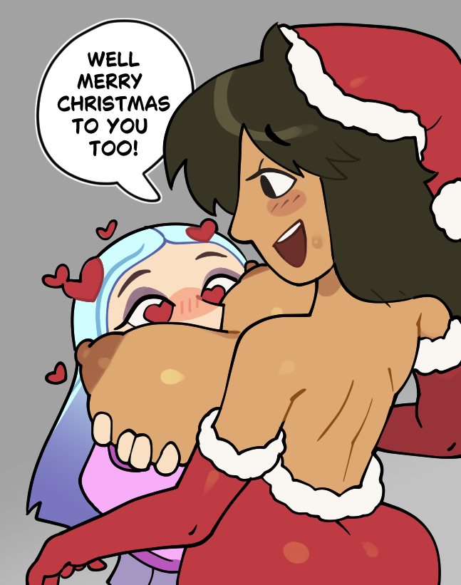 2girls andrea_davenport big_breasts breasts_out christmas christmas_hat christmas_outfit disney_channel heart-shaped_pupils jewish_female leah_stein-torres milf speech_bubble the_ghost_and_molly_mcgee yuri