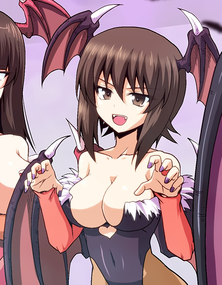 animal_print bare_shoulders bat_(animal) bat_print bat_wings blunt_bangs breasts bridal_gauntlets brown_eyes cleavage clothing clothing_cutout cosplay darkstalkers demon_girl female girls_und_panzer head_wings heart_cutout highres kamishima_kanon large_breasts leotard looking_at_viewer morrigan_aensland morrigan_aensland_(cosplay) naughty_face nishizumi_maho not_porn pantyhose print_legwear purple_legwear seductive seductive_smile short_hair smile vampire_(game) wings