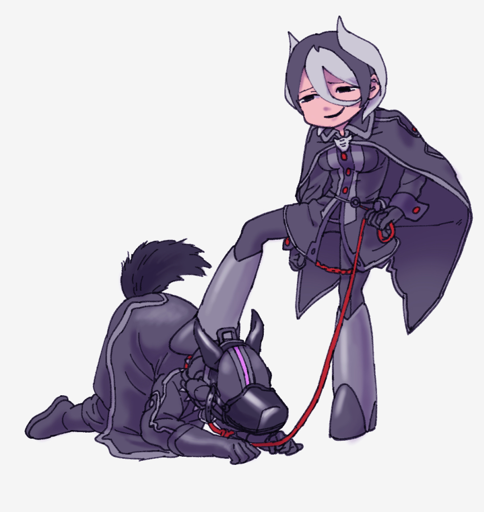 1boy 1girls all_fours bondrewd boots chibi collar dog_boy dog_ears dog_mask dog_tail fake_animal_ears female femdom full_body fully_clothed leash made_in_abyss male malesub mask masked masked_male muzzle_(object) necojelly ozen petplay short_hair smile smirk stepped_on two_tone_hair