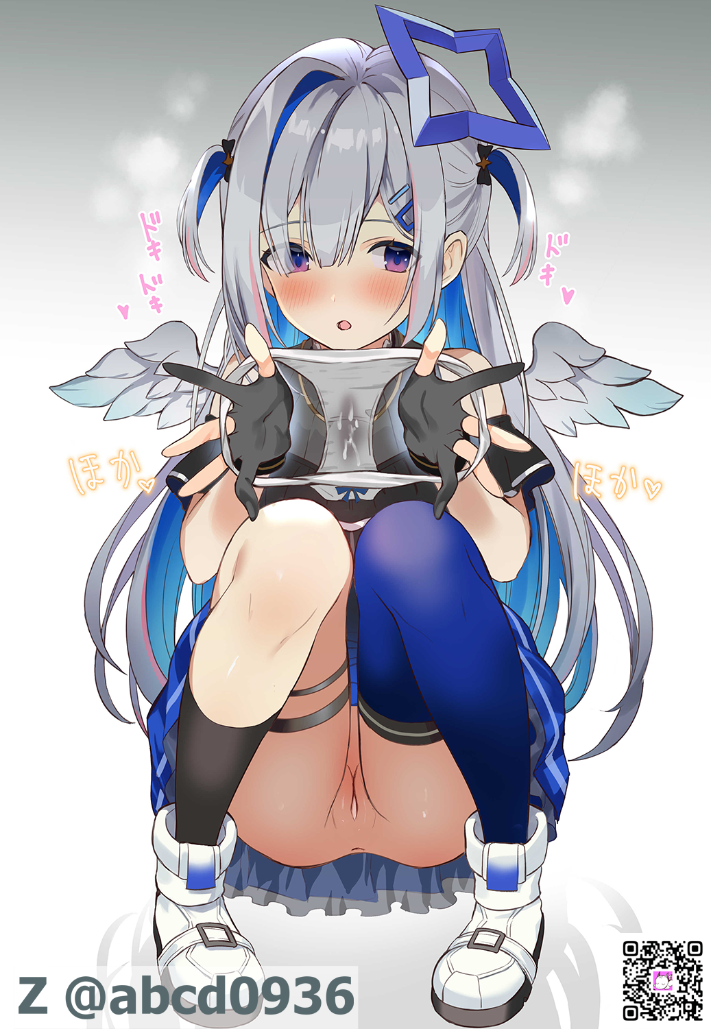 amane_kanata amane_kanata_(work) angel angel_wings asymmetrical_legwear black_dress black_gloves black_socks blue_hair blue_skirt blue_theme breasts colored_inner_hair dress female gloves grey_hair hair_intakes hair_ornament hairpin halo highres holding holding_panties holding_underwear holding_unworn_clothes hololive long_hair multicolored_hair panties partially_fingerless_gloves pukara purple_eyes pussy shoes skirt small_breasts sneakers socks star_halo thigh_strap two-tone_hair underwear very_long_hair virtual_youtuber white_footwear white_panties wings