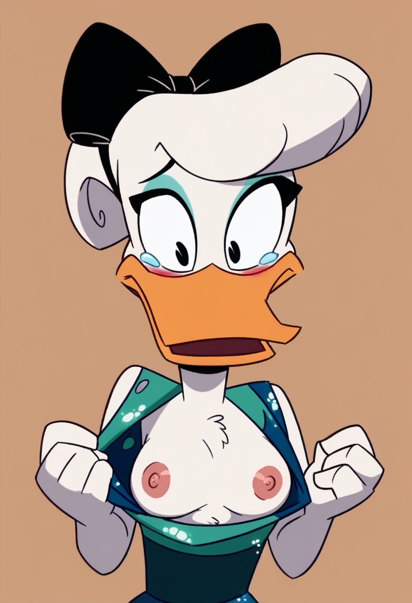 ai_generated blush daisy_duck ducktales_(2017) female female_only malfunction open_mouth suprised tearing_clothes tears torn_clothes wardrobe