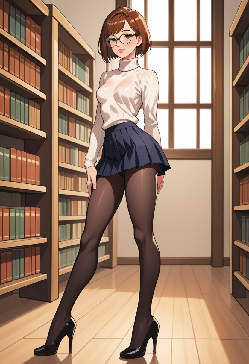 1girls ai_generated brown_hair glasses high_heels jokerofhearts library pantyhose pleated_skirt skirt solo turtleneck