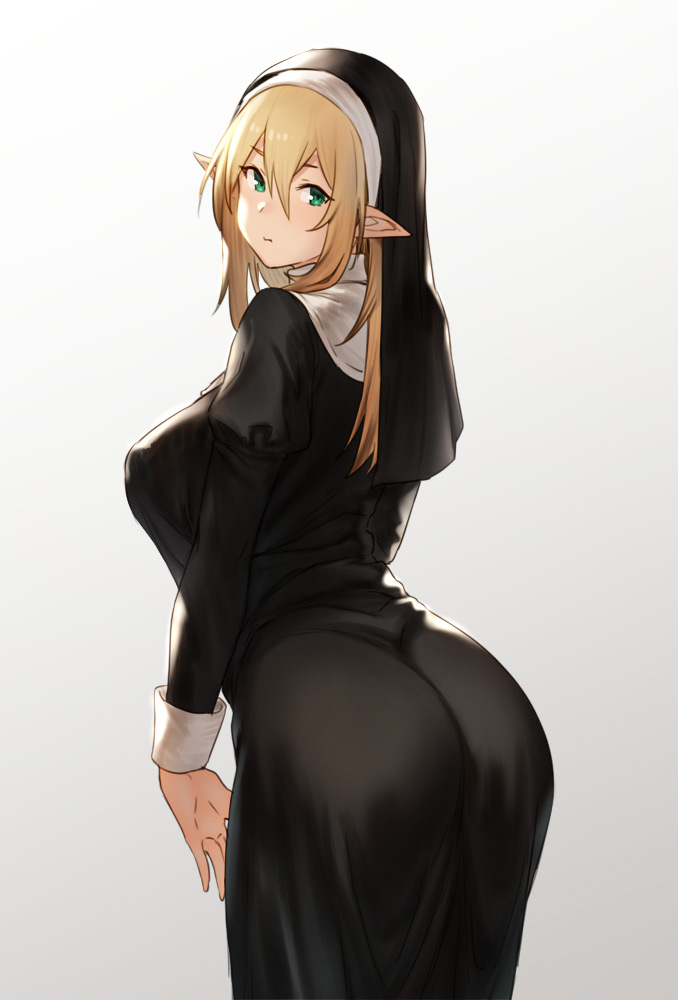 1girls, ass, big ass, big breasts, bottom heavy, breasts, curvy, cute, elf, female, female only, green eyes, houtengeki, large breasts, looking at partner, looking at viewer, looking back, nun, nun's habit, original, solo, tight clothing, tight dress, white skin