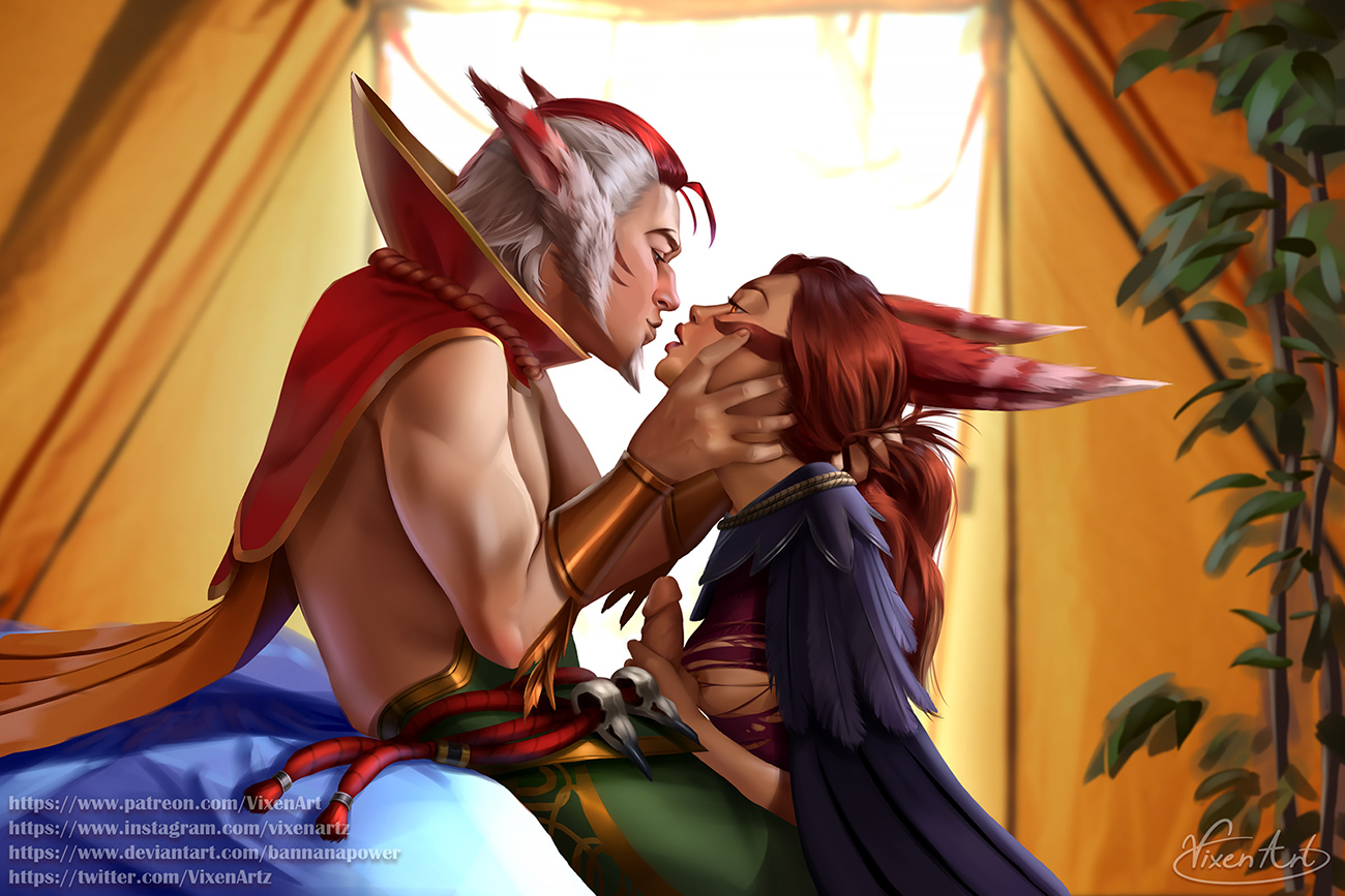1boy, 1girls, female, league of legends, male, rakan, riot games, ripped clothing, source request, vastaya, vixenart, xayah