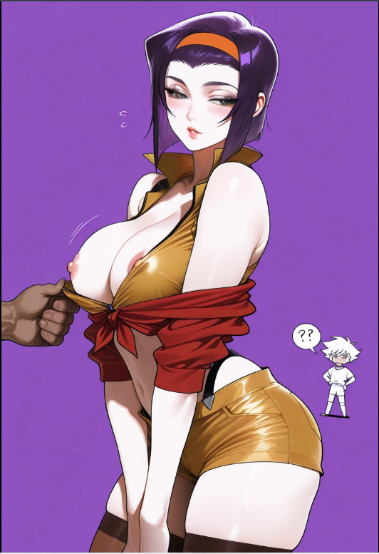 1girls ai_generated blush breasts cowboy_bebop faye_valentine female headband human large_breasts male nipple_slip nipples original_character pale-skinned_female pale_skin purple_background purple_hair shirt_pull short_hair shorts solo_focus thighhighs white_background