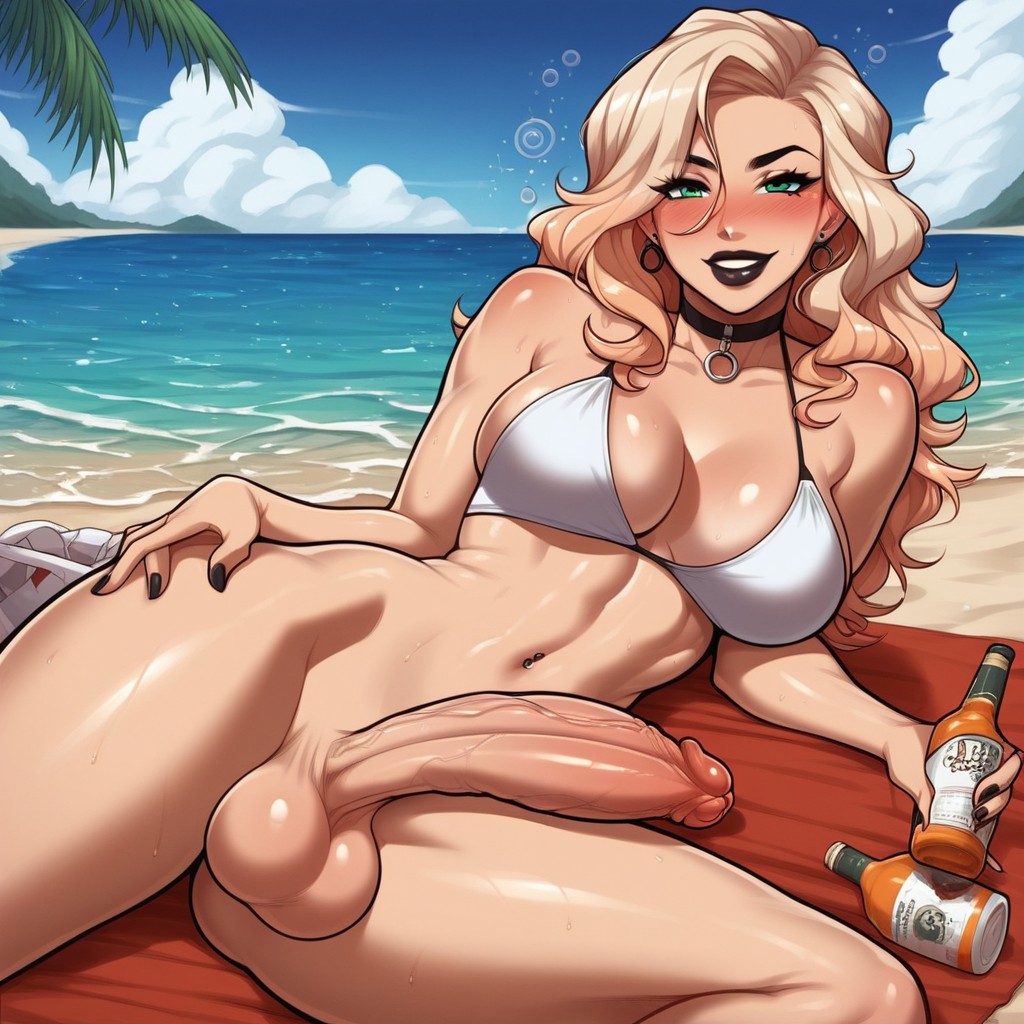 ai_generated athletic beach big_breasts big_penis bikini black_lipstick blush choker futa_only futanari goth_futa goth_girl laying_on_side looking_at_viewer outdoors seductive_look seductive_smile solo wavy_hair