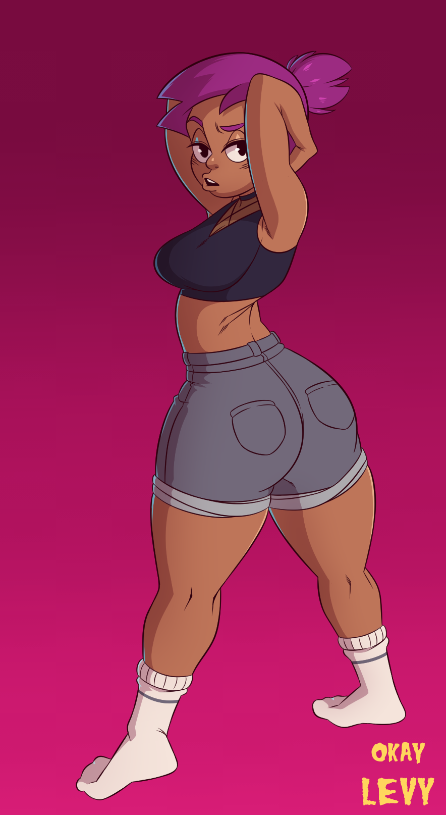 ass big_ass big_butt butt cartoon_network clothed dark-skinned_female dark_skin dat_ass enid female female_only gradient_background large_ass looking_at_viewer ok_k.o.!_let's_be_heroes okaylevy ponytail purple_hair socks solo thick_thighs