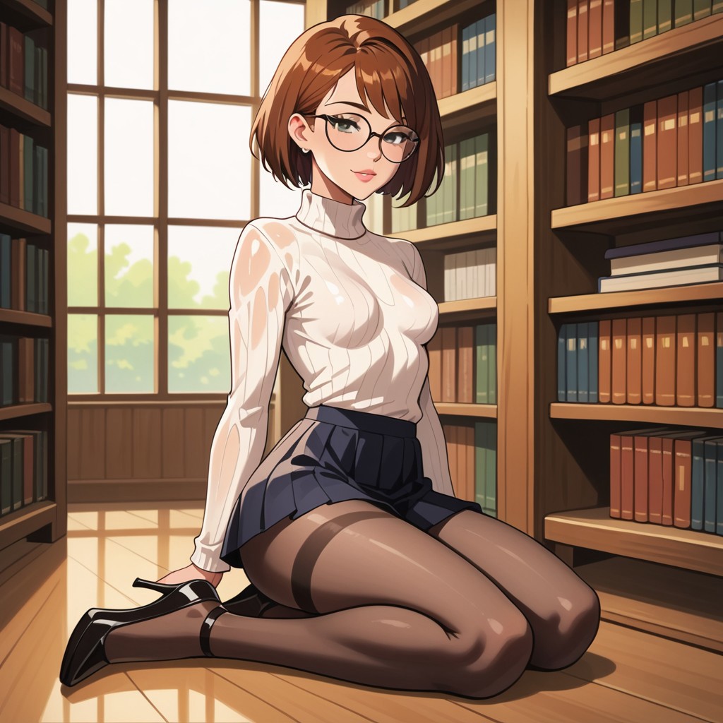 1girls ai_generated ankle_strap_heels brown_hair glasses high_heels jokerofhearts kneeling library pantyhose pleated_skirt skirt solo turtleneck