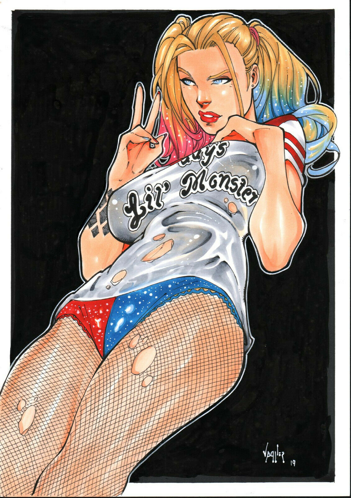 1girls 2019 arm_tattoo batman_(series) big_breasts blonde_hair blue_eyes blue_highlights breasts busty dated dc dc_comics ed_benes_studio eyeshadow female female_only fishnet fishnet_legwear fishnet_stockings from_below grey_shirt hair_tie harley_quinn highlights large_breasts lipstick long_hair makeup mascara panties peace_sign pink_highlights pinup red_lips red_lipstick shirt signature solo standing suicide_squad tattoo thighs torn_shirt twintails v vagner_fernandes