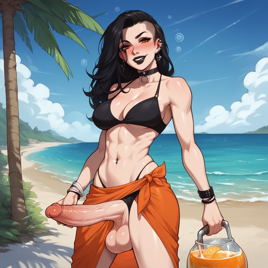 ai_generated athletic beach big_breasts big_penis bikini black_lipstick blush choker drunk futa_only futanari goth_futa goth_girl hourglass_figure looking_at_viewer outdoors seductive_look seductive_smile solo