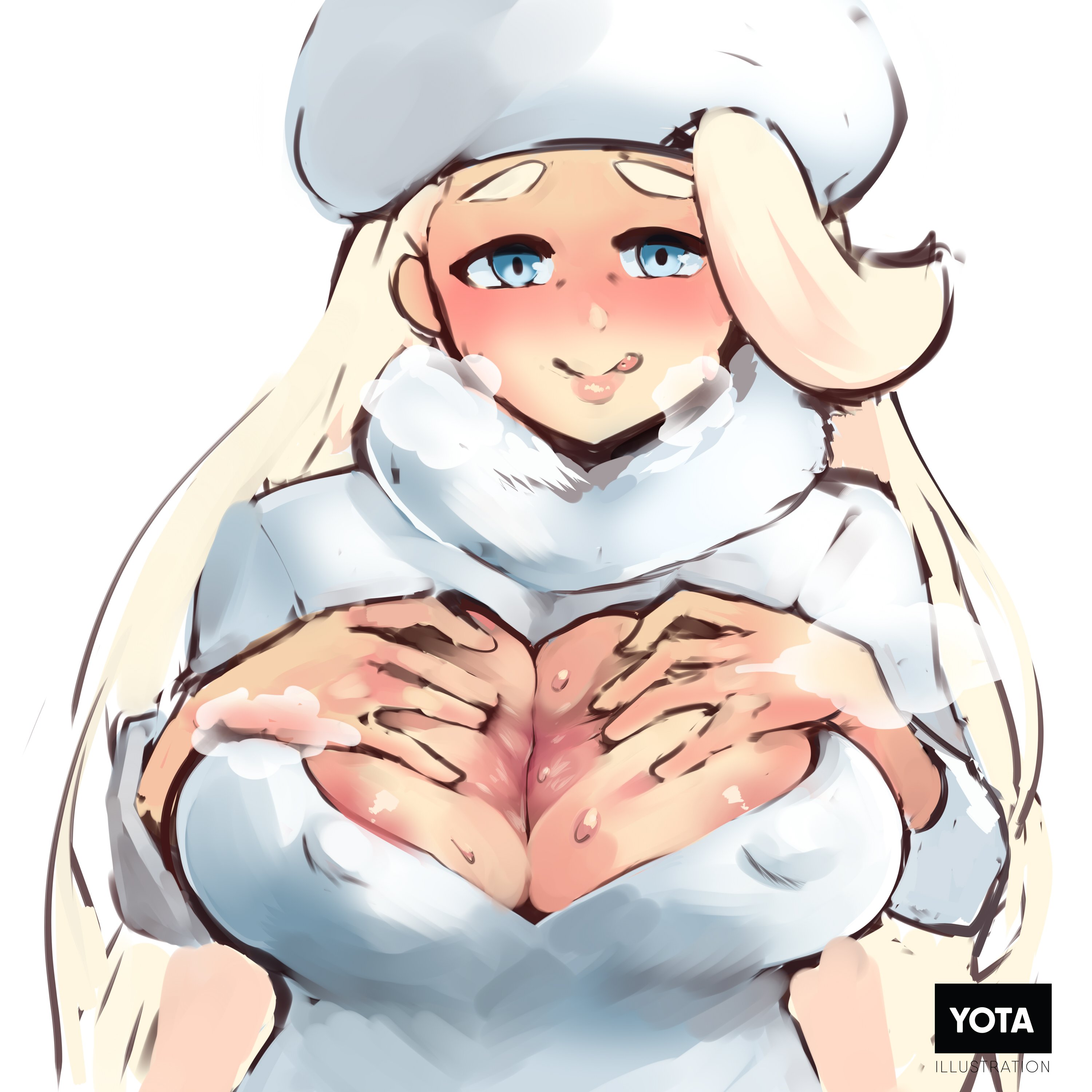 1girls, big breasts, blush, breasts, cleavage, erect nipples, eye contact, female, female only, half-closed eyes, heavy breathing, human, human only, large breasts, looking at viewer, melony (pokemon), nintendo, nipples, pokemon, pokemon ss, solo, text, watermark, yotahen