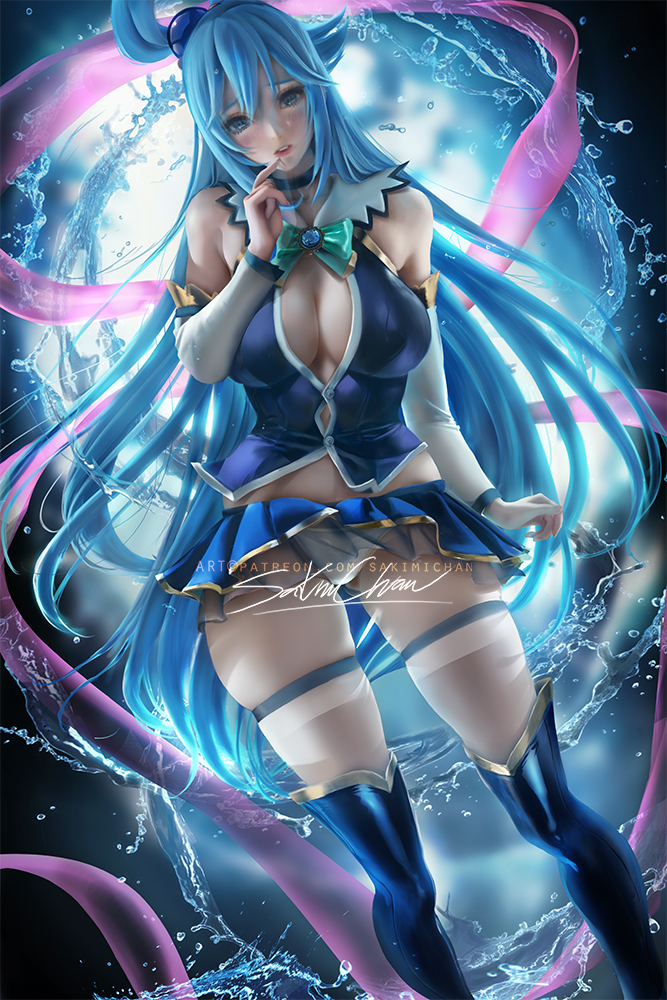 1girls, aqua (konosuba), big breasts, blue hair, boots, breasts, cleavage, female, female only, heel boots, high heel boots, kono subarashii sekai ni shukufuku wo!, large breasts, sakimichan, solo, thigh boots, thighhigh boots, thighhighs