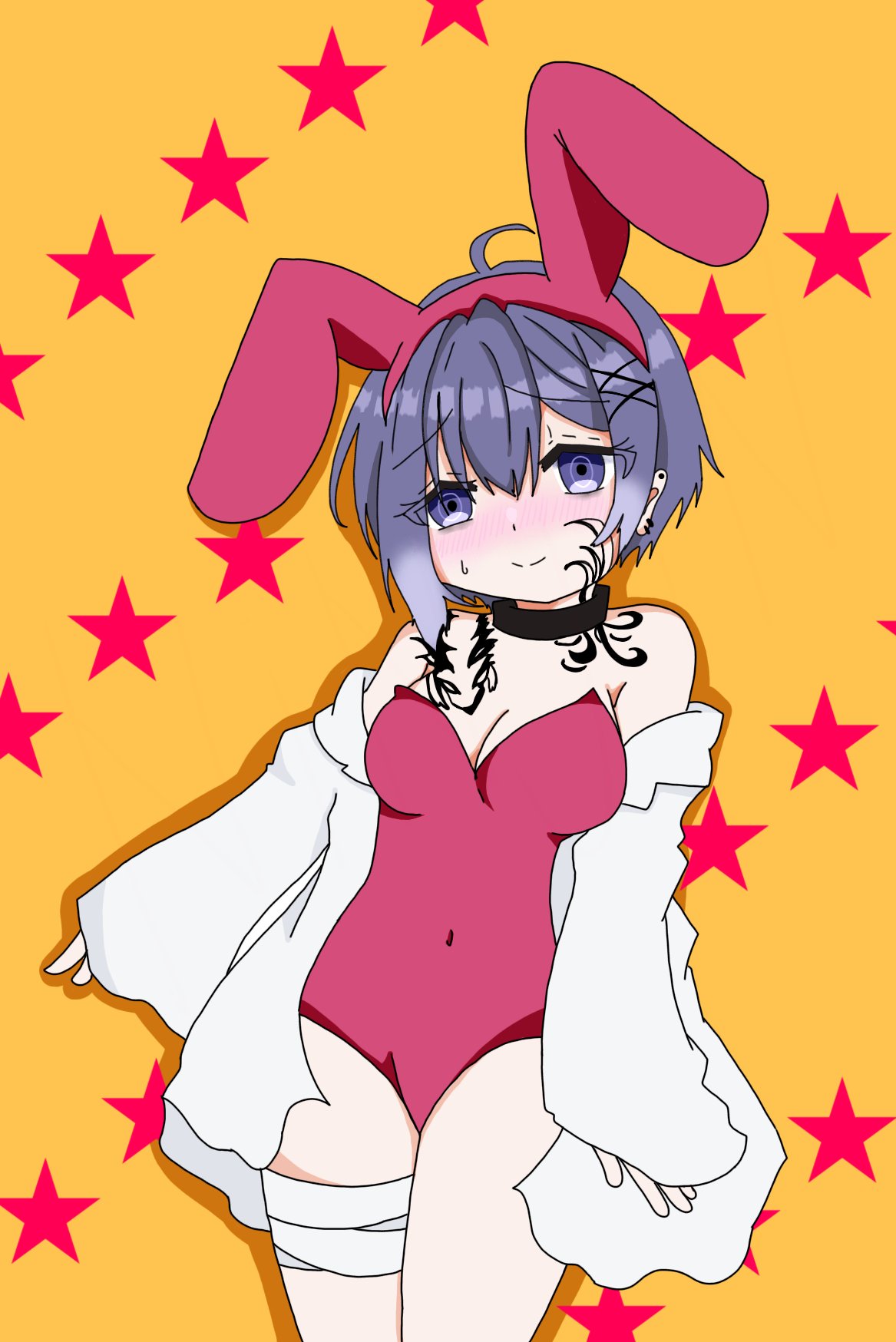 blush breasts bunny_ears bunny_girl bunnysuit coat collar d4dj demodemo sophia_(d4dj) star tattoo