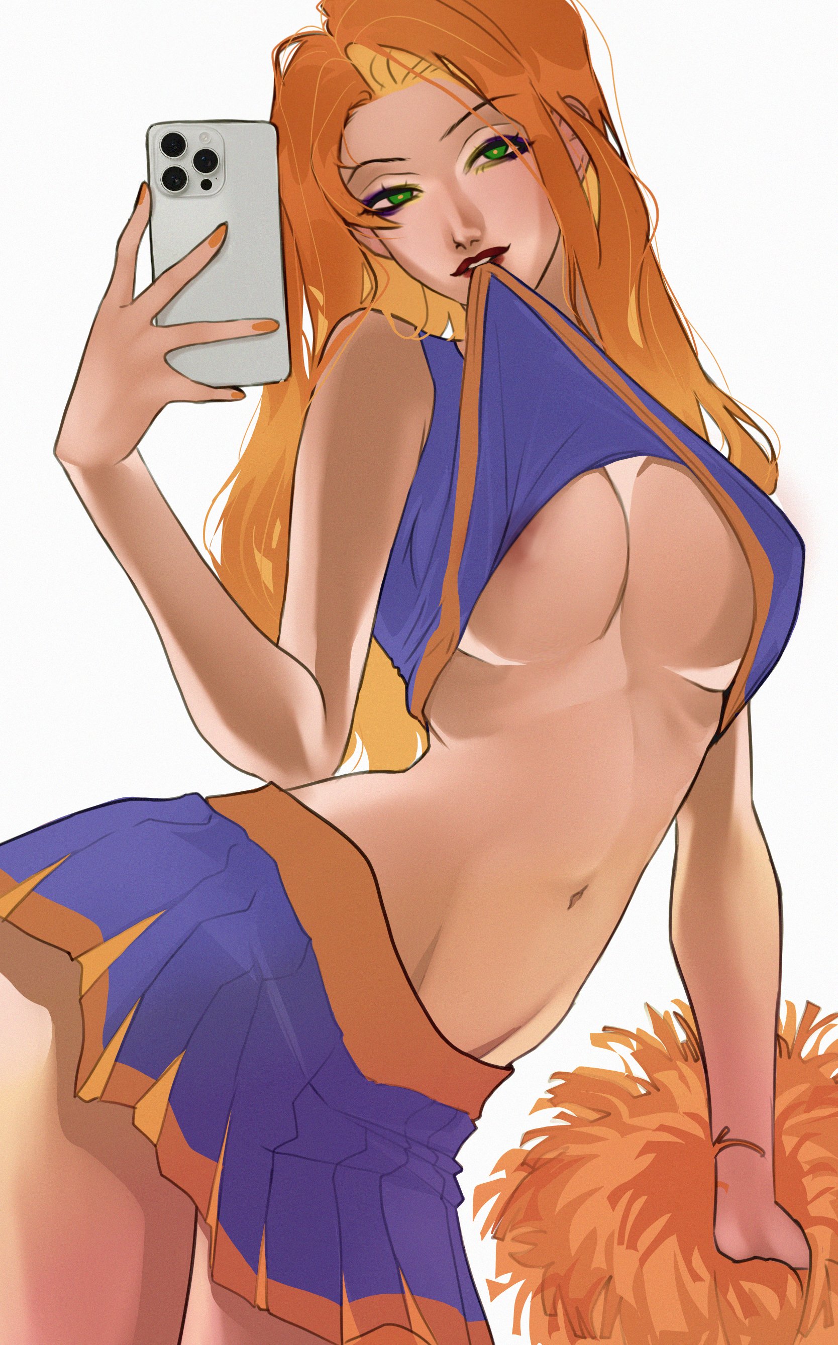 1girls, cheerleader, cheerleader uniform, exposed torso, female, female only, ginger, ginger hair, green eyes, in pand, kim possible, kimberly ann possible, miniskirt, nail polish, painted fingernails, painted nails, red hair, skirt, tummy