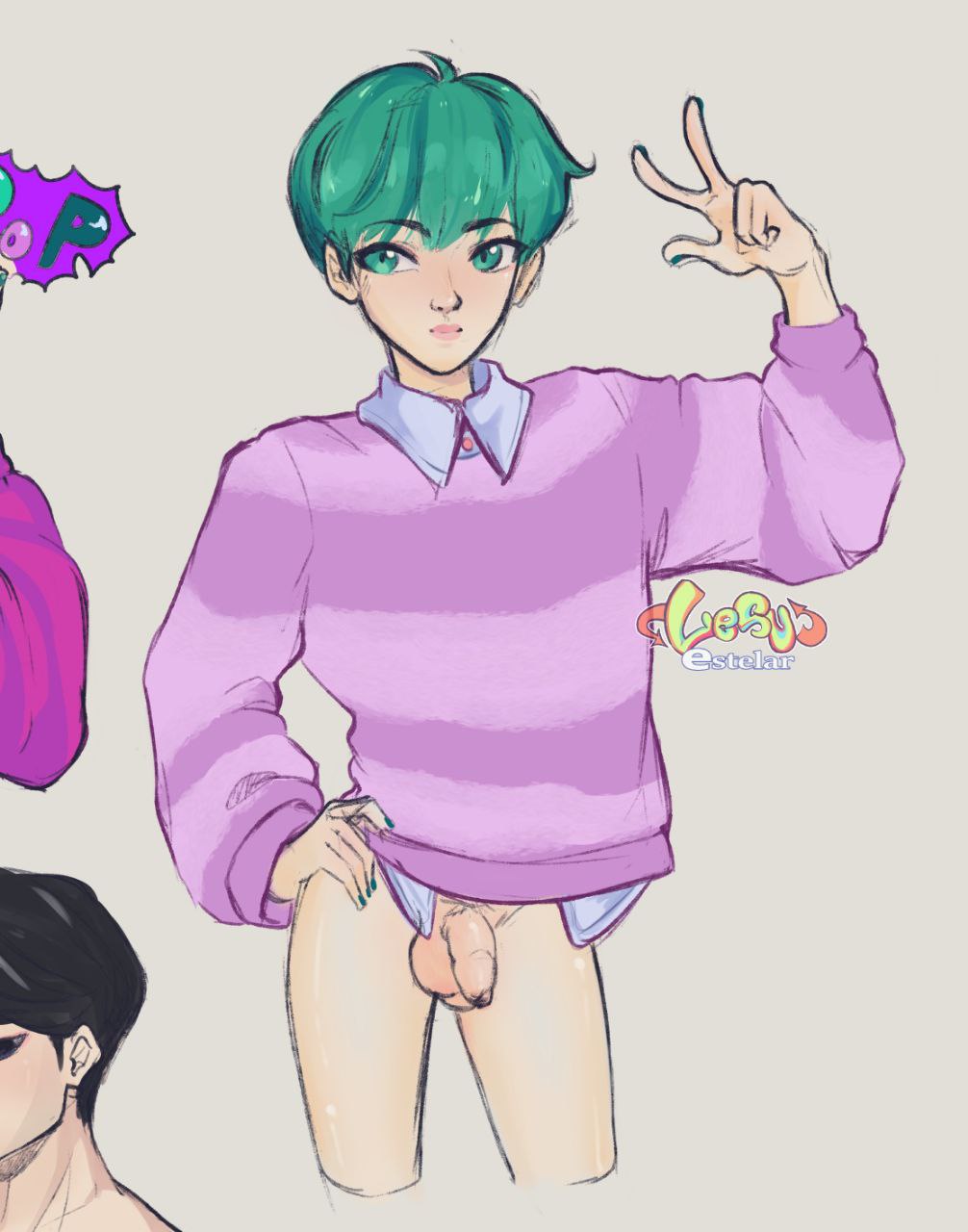 baby (kpop demon hunters), gay, green eyes, green hair, k-pop, kpop demon hunters, lesu stelar, male, male only, muscles, muscular, penis, saja boys, skinny, testicles, uncensored