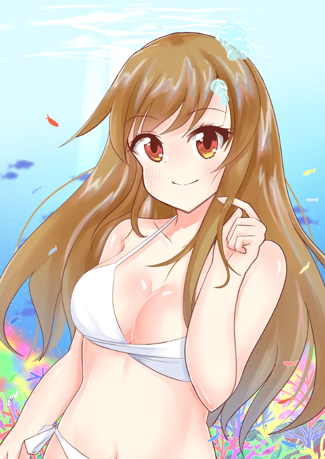 air_bubbles bikini blush breasts bubble coral d4dj fish long_hair looking_at_viewer sinocya swimsuit underwear yamate_kyoko