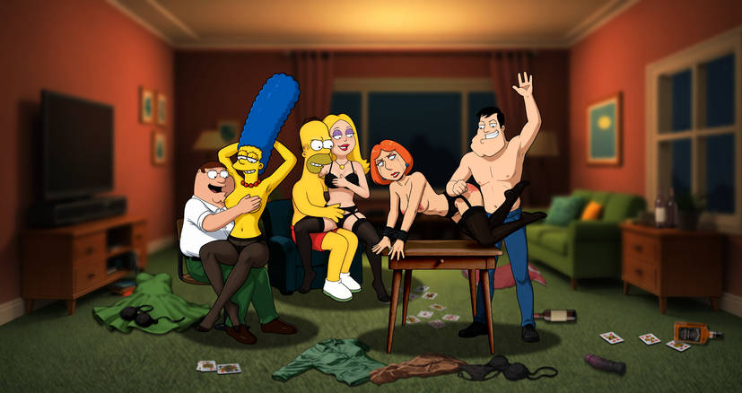 american_dad bra breasts bryan3 crossover family_guy francine_smith homer_simpson lois_griffin marge_simpson peter_griffin spanking stan_smith stockings the_simpsons thighs topless wife_swap