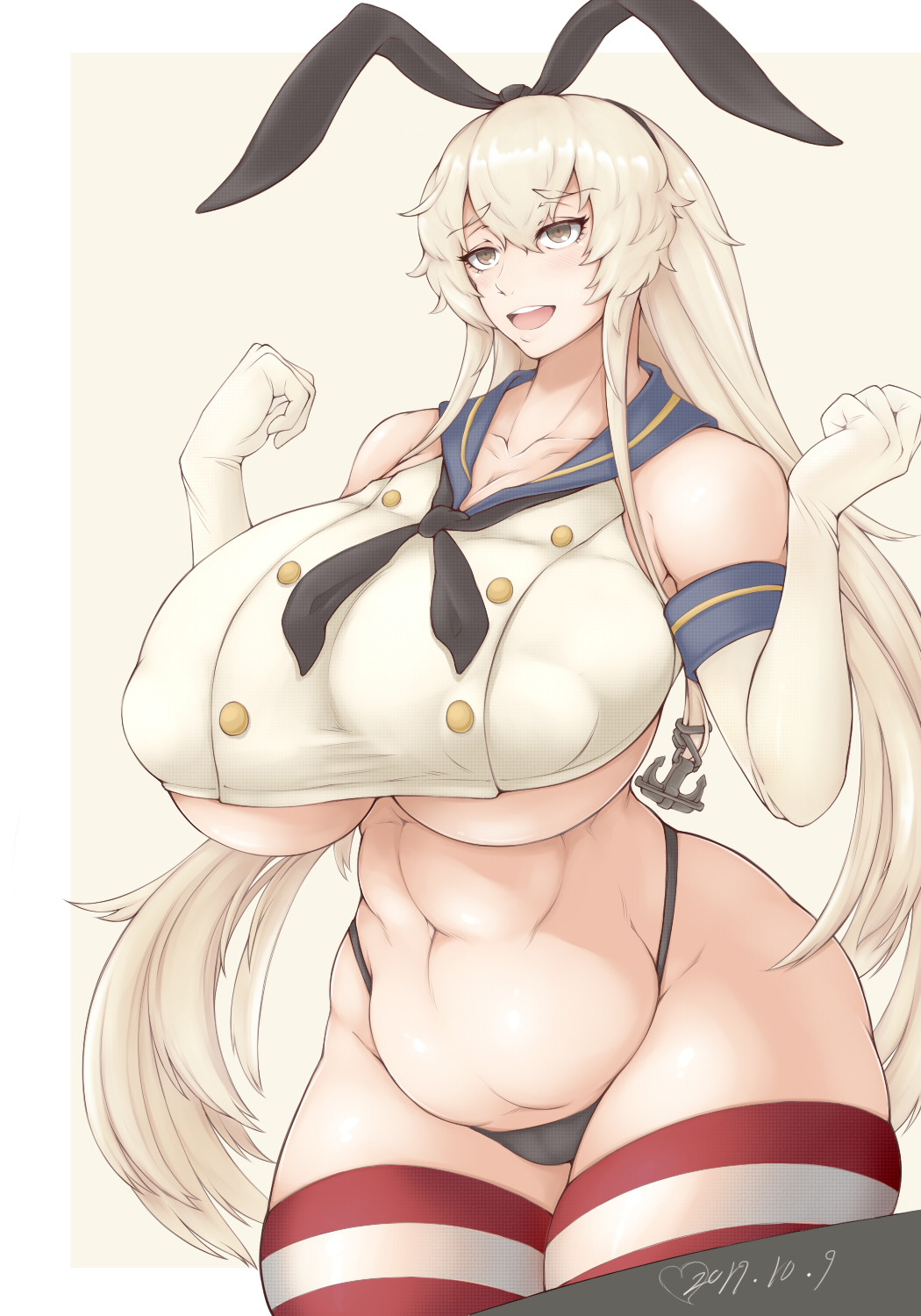 abs, aged up, artist request, breasts, bursting breasts, clothed, elbow gloves, female, gloves, huge breasts, kantai collection, long hair, midriff, navel, nipple bulge, panties, puffy nipples, shimakaze (kantai collection), slightly chubby, solo, thick thighs, thigh highs, thighhighs, underboob, very long hair, voluptuous