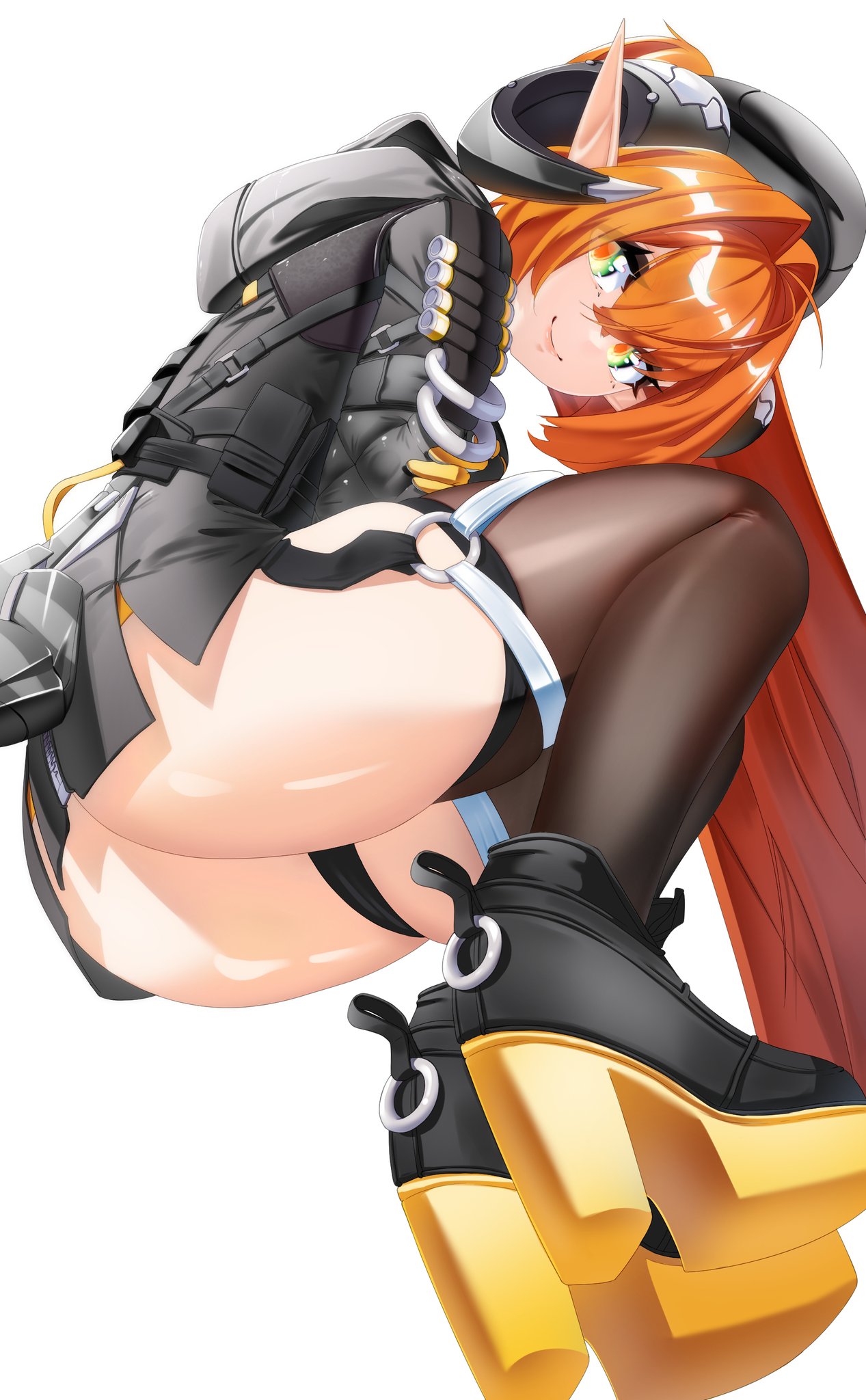1girls, arms wrapped around breasts, ass, barrette, big ass, big thighs, breasts, clothing, crouching, eyelashes, female, female only, fully clothed, gloves, grabbing own arm, green eyes, hat, high heels, hoodie, horns, hoyoverse, humanoid, long hair, looking back, lyinart, magus (zenless zone zero), metal horn, orphie magnusson, pointy ears, red pupils, reddish hair, robot tail, sentient tail, short shorts, shorts, simple background, smile, stockings, tail, thigh squish, thighs, twintails, white background, zenless zone zero, zipper