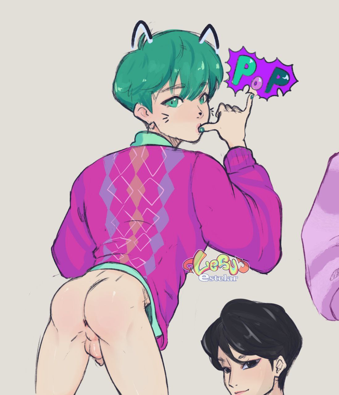 anus, ass, baby (kpop demon hunters), gay, green eyes, green hair, k-pop, kpop demon hunters, lesu stelar, looking at viewer, looking back, male, male only, muscles, muscular, penis, saja boys, skinny, testicles, uncensored