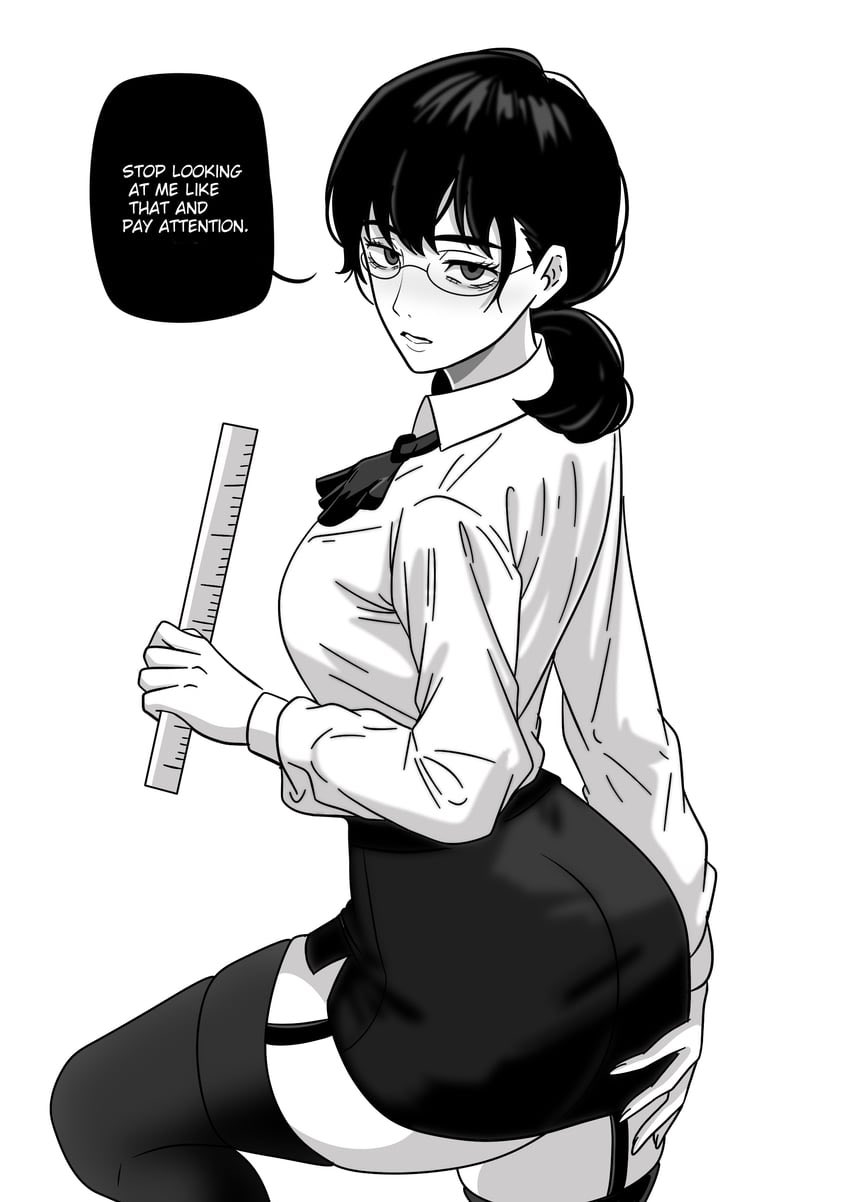 1girls ass ass_focus ass_grab ass_up before before_anal before_oral before_paizuri before_sex big_ass big_breasts chainsaw_man dialog dialogue dialogue_box english_text female female_focus gato_gratam glasses hands_on_ass long_hair looking_at_another looking_at_viewer looking_back manga manga_style miniskirt mitaka_asa ponytail ruler seductive seductive_look senor_gato short_hair slut slutty_clothes slutty_pose stockings teacher_clothing text text_bubble uniform white_shirt whore