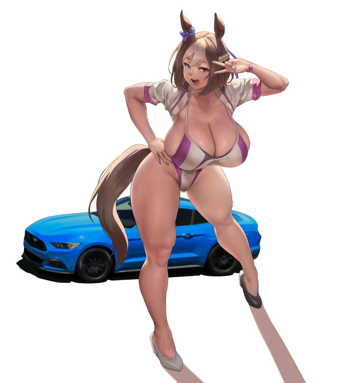 1girls, 2021, bent over, big breasts, breasts, car, cleavage, eu03, female, full body, heels, high heels, horse ears, horse tail, huge breasts, mustang, one-piece swimsuit, purple eyes, purple nails, solo, solo female, special week (umamusume), standing, swimsuit, thick, thick thighs, thighs, umamusume, v