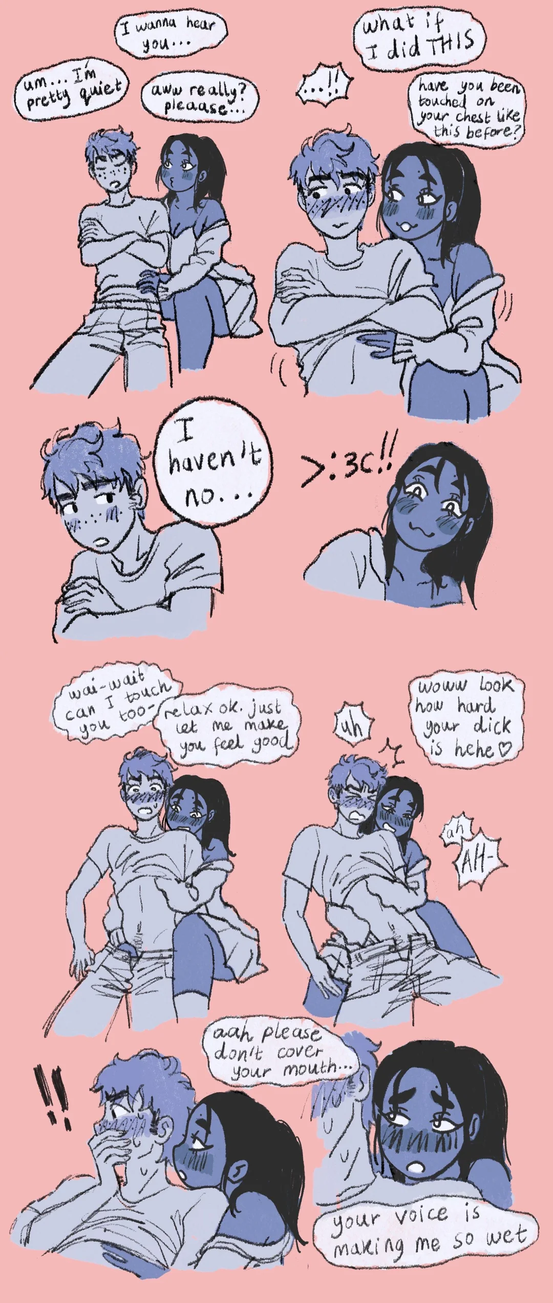 >:3, 1boy, 1girls, asking, asking question, assertive female, behind another, black body, black hair, black-haired female, blonde hair, blonde-haired male, blush, blushing at another, blushing at partner, blushing female, blushing lines, blushing male, blushing profusely, chest, cute, cute male, dark-skinned female, female, femdom, gentle femdom, giggle, grabbing, grabbing penis, handjob, imminent sex, interracial, intimacy, intimate, introvert, laugh, male, male and female focus, malesub, moan, moaning, moaning in pleasure, mozgpit, penis, person of color, pleading, pleading eyes, pleading with her eyes, poc, reaching into pants, shocked, shocked expression, shocked face, shocked look, shocked male, shy, shy male, straight, submissive male, touch chest, touching, wholesome