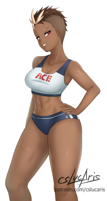 abs ace_ops bare_shoulders breasts brown_hair clothed_female contrapposto cslucaris cutaway dark-skinned_female dark_skin front_view gym_uniform hand_on_hip harriet_bree hourglass_figure open_mouth purple_eyes rwby shiny_skin smile sports_bra sportswear standing thick_thighs thighs toned toned_female two_tone_hair white_background white_hair wide_hips