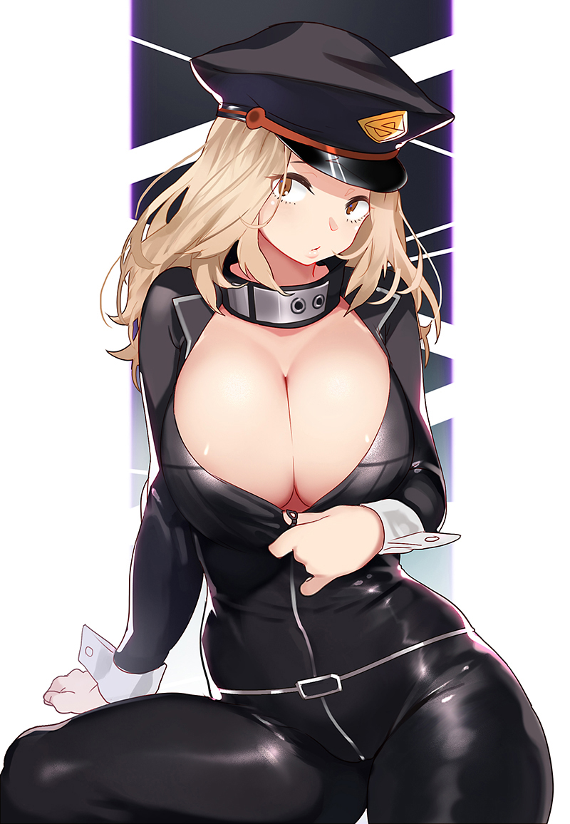 blonde_hair blush bodysuit breasts brown_eyes camie_utsushimi cleavage collar hat huge_breasts long_hair my_hero_academia no_bra open_bodysuit open_clothes parted_lips unzipping wrist_cuffs xiaoshou_xiansheng