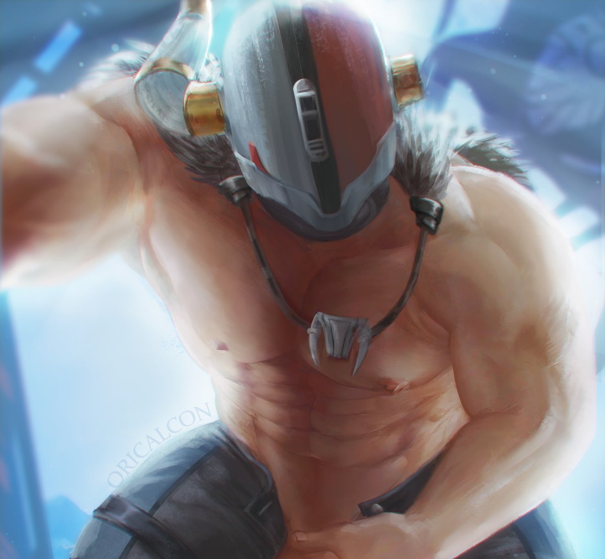 1boy clothing destiny_(game) dominant dominant_male domination helmet human imminent_sex looking_at_viewer looking_down looking_down_at_viewer lord_shaxx low-angle_view male male_only muscular on_top_of_viewer oricalcon pinned pov skin solo solo_male