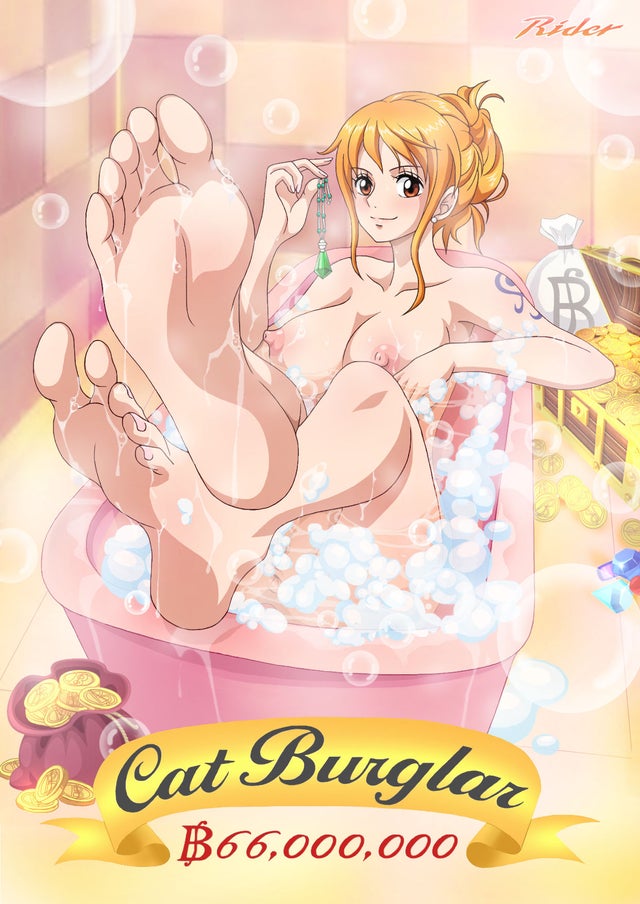 barefoot bath big_breasts brown_eyes bubbles coin_purse coins feet_focus feet_up female female_only foot_fetish jewelry money money_bag nami_(one_piece) nude one_piece orange_couture orange_hair solo solo_female solo_focus tattoo text toes water watermark